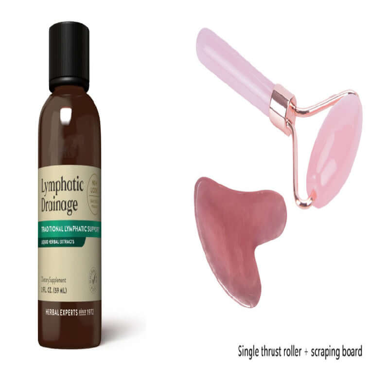 Lymphatic Drainage health supplement bottle with single thrust roller and scraping board for lymph health.