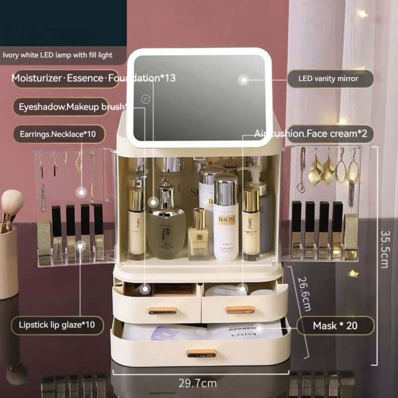 Large capacity ivory white cosmetic storage box with LED mirror and organized makeup items.