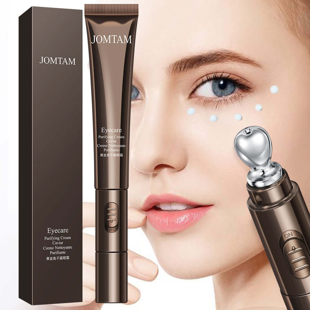 JOMTAM Eyecare Purifying Cream in a sleek tube, demonstrated on a model with glowing skin, showcasing its eye beauty benefits.