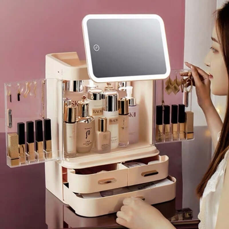Elegant large capacity cosmetic storage box in ivory white with mirror and organized bottles.
