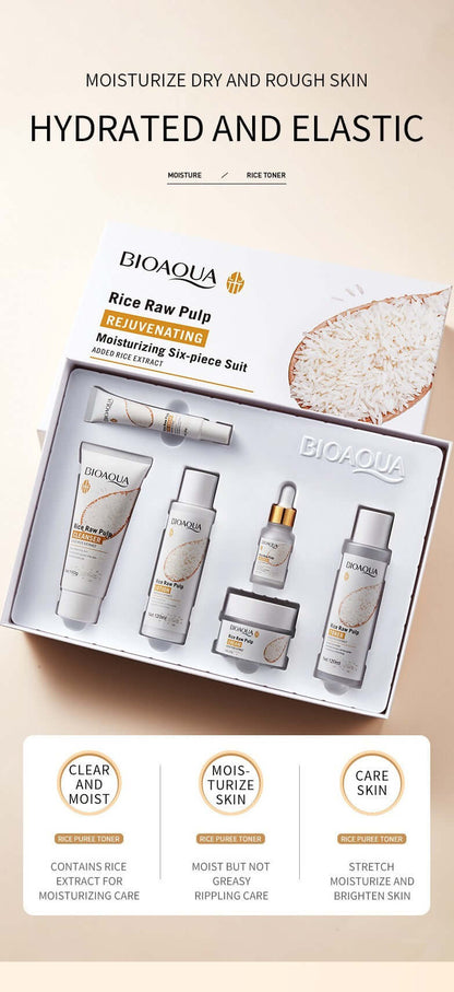 BioAqua Rice Raw Pulp Rejuvenating Skincare Set featuring six moisturizing products for hydrated and elastic skin.