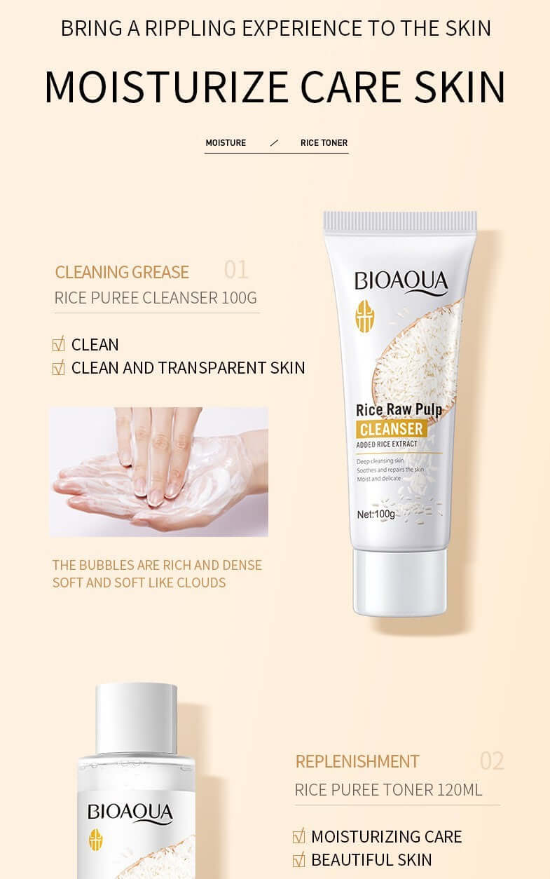 BIOAQUA Rice Puree Cleanser and Toner for moisturizing care and clean skin, featuring rice pulp and transparent skin benefits.