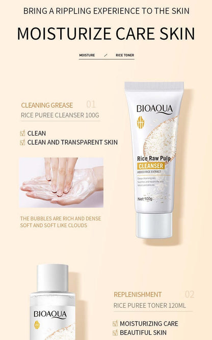 BIOAQUA Rice Puree Cleanser and Toner for moisturizing care and clean skin, featuring rice pulp and transparent skin benefits.
