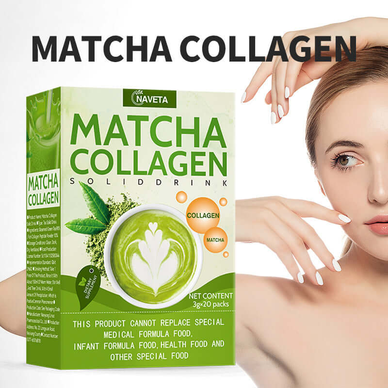 Matcha Collagen powder box featuring a woman showcasing healthy skin and the product's benefits.