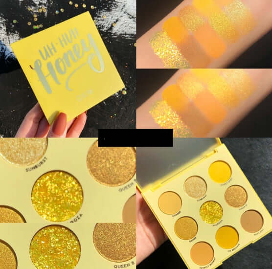 Honey mineral eyeshadow palette with sparkling yellow shades and swatches on skin, showcasing vibrant colors and textures.