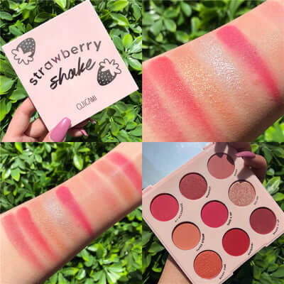 Strawberry Shake eyeshadow palette swatches on a hand, showcasing vibrant colors and creamy texture.