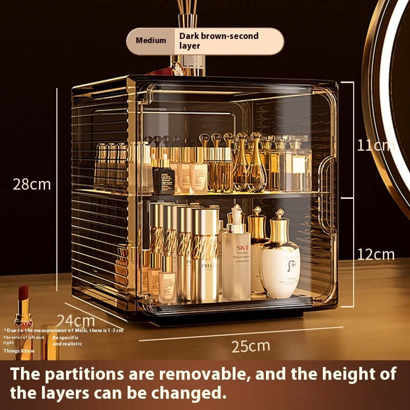 Medium dark brown cosmetic storage box with removable partitions and adjustable layers for skincare products.