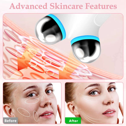 Microcurrent facial device showcasing advanced skincare features with before and after results for youthful skin.