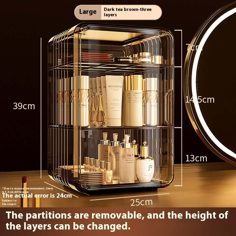Cosmetic storage box in dark tea brown with three layers, featuring adjustable partitions for skincare products.