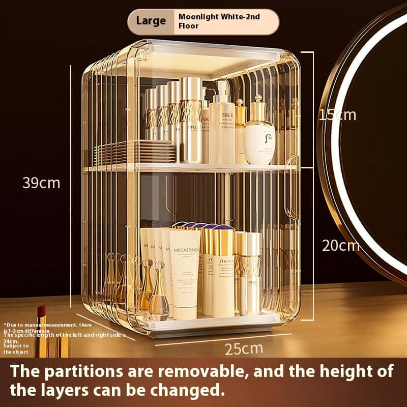Stylish Moonlight White cosmetic storage box with removable partitions, showcasing skincare products in a modern design.