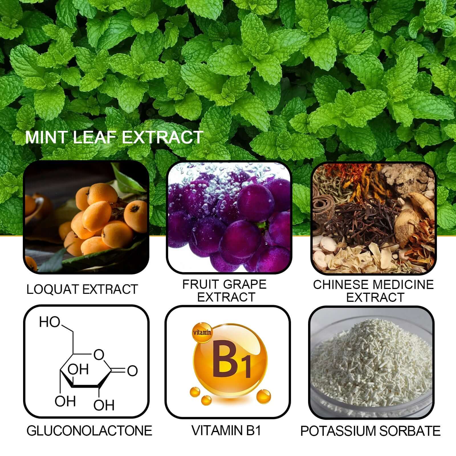 Collage of natural extracts: mint leaf, loquat, fruit grape, Chinese medicine, gluconolactone, vitamin B1, potassium sorbate.