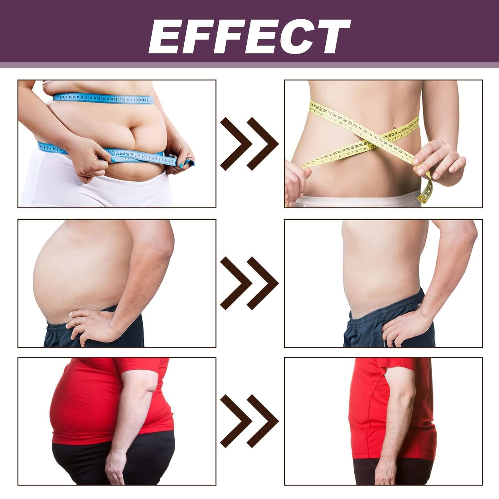 Before and after photo showing body slimming effects with measuring tape results.