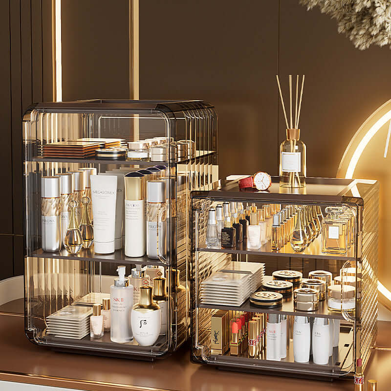 Stylish cosmetic storage boxes displaying various skincare bottles and products, enhancing organization and elegance.