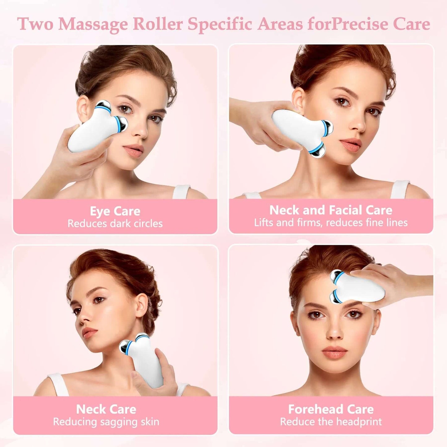 Image showcasing a microcurrent facial device with massage rollers for eye, neck, and forehead care, promoting skin rejuvenation.