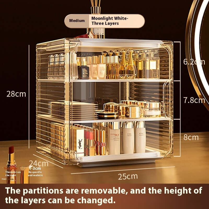 Medium Moonlight White cosmetic storage box with three layers, showcasing various skincare products organized neatly.