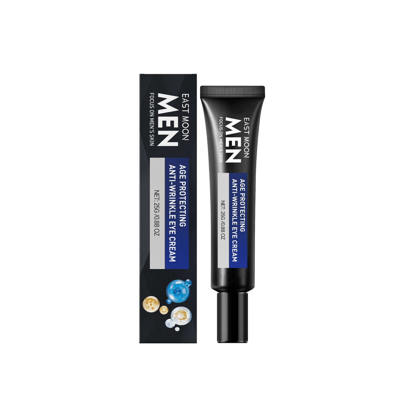 Men's anti-wrinkle eye cream by East Moon, age protecting formula in a 26g tube with a sleek design.