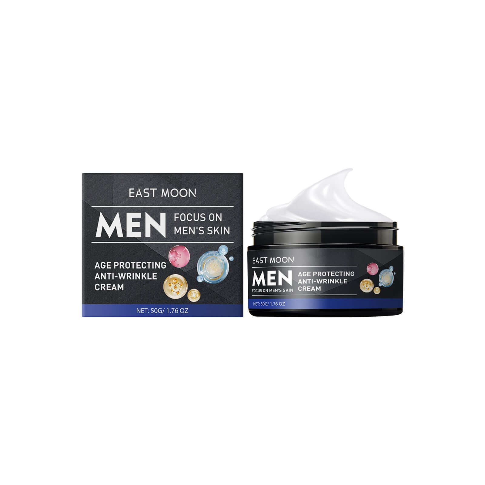 East Moon Men's Age Protecting Anti-Wrinkle Cream with jar and box, designed for men's skincare needs.