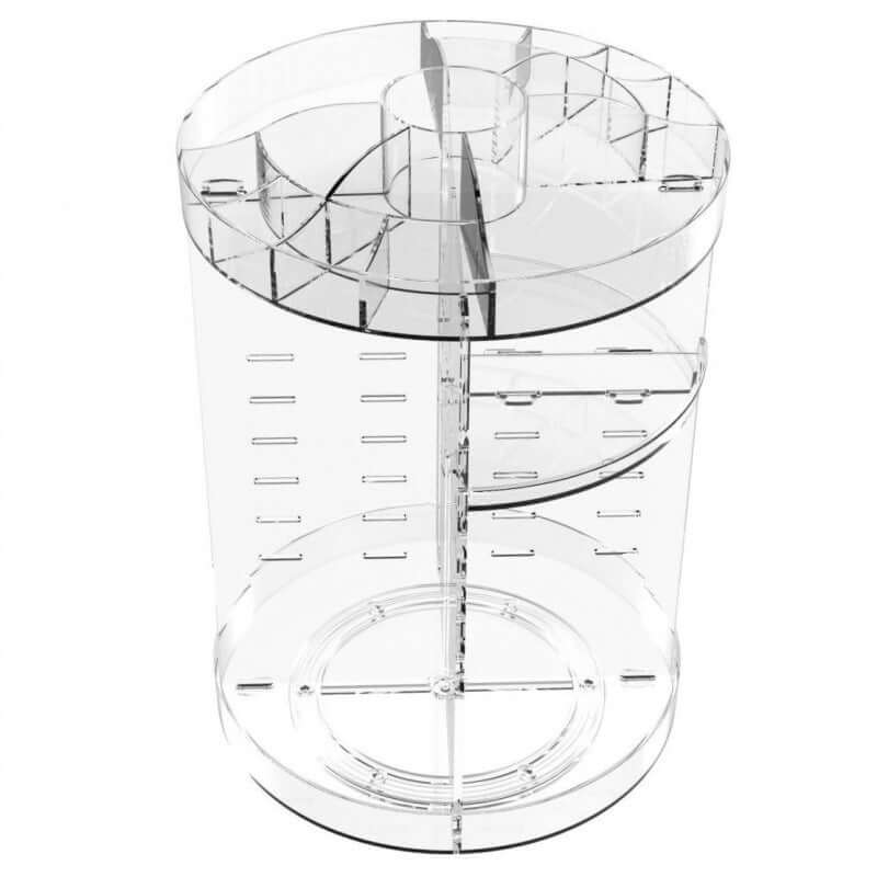 Transparent rotating cosmetics storage rack with multiple compartments and a smooth surface for organization.