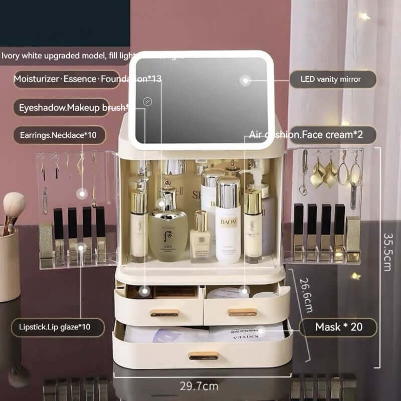 Large capacity cosmetic storage box in ivory white with mirror, organized compartments for makeup and accessories.