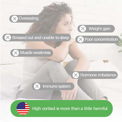 Woman sitting with symptoms of high cortisol, including stress, weight gain, and hormone imbalance displayed on the image.