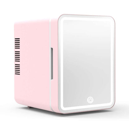 Pink mini beauty refrigerator with mirror and built-in LED lights for skincare essentials.