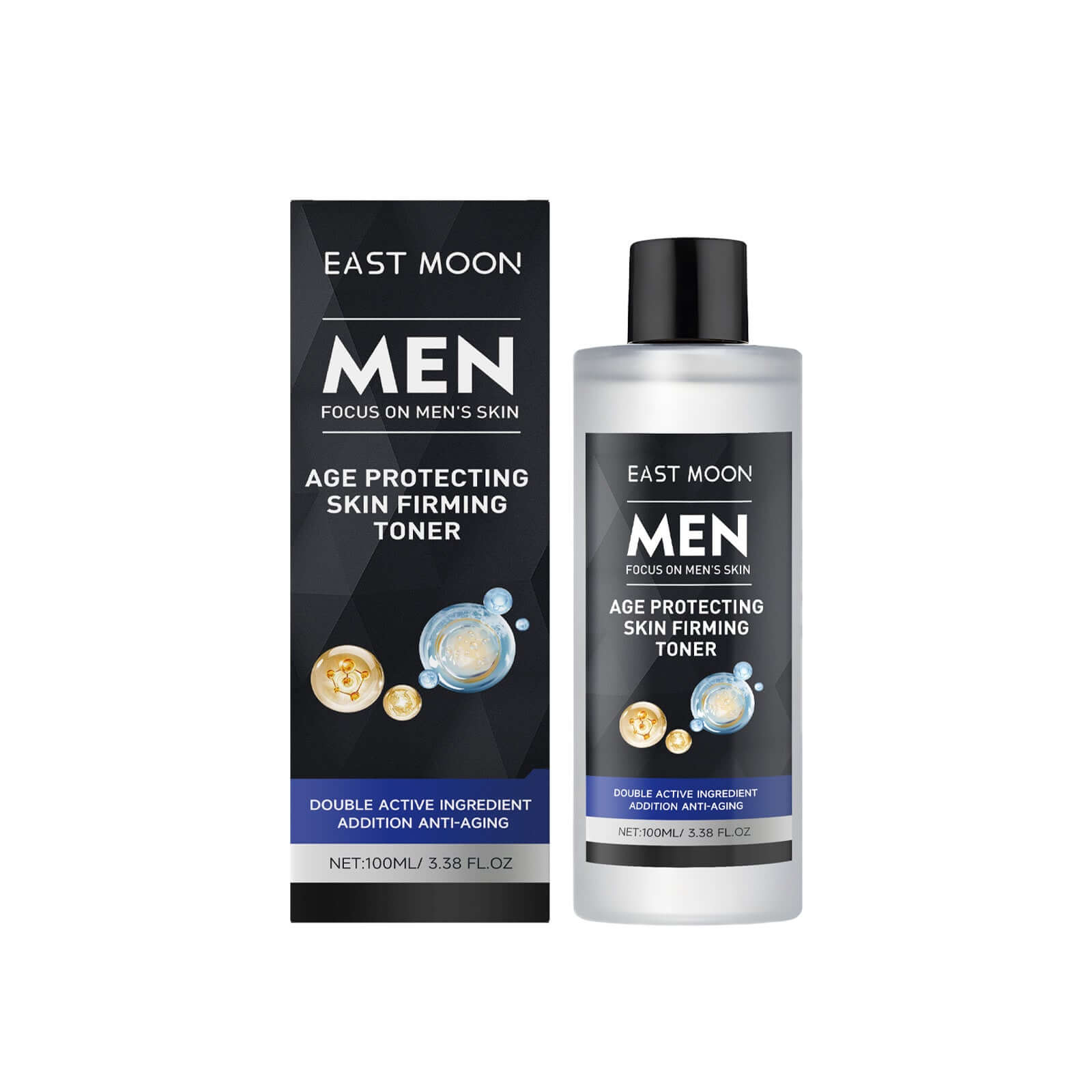 Men's age protecting skin firming toner from East Moon in a 100ml bottle with packaging.