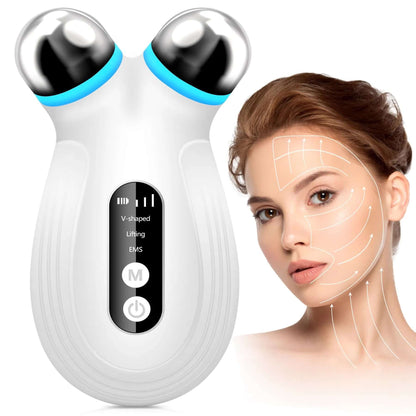 Microcurrent facial device for anti-aging, promoting skin lifting and rejuvenation next to a model's facial profile.