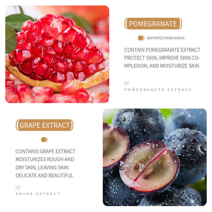 Close-up of pomegranate and grape extracts highlighting their benefits for skin hydration and complexion improvement.