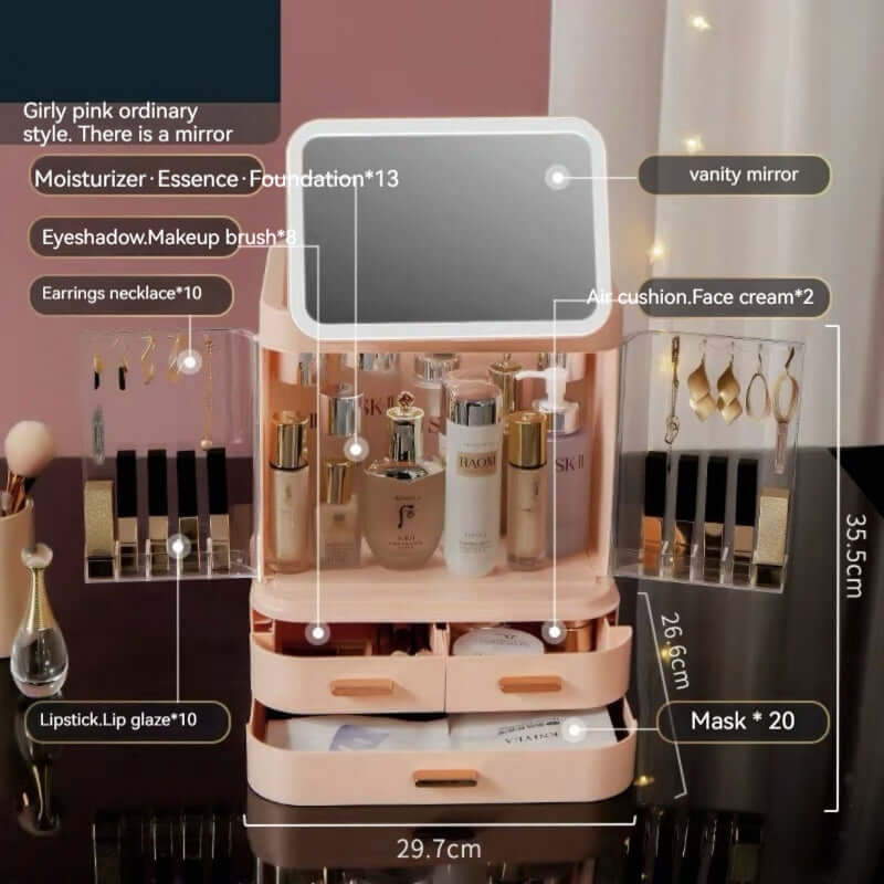 Large capacity cosmetic storage box in girly pink with a mirror, holds various beauty products organized neatly.