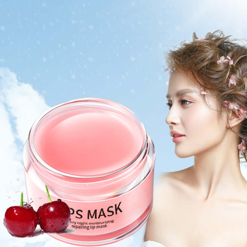 Moisturizing lip mask in a jar, with a model showcasing beautiful skin against a blue sky background.