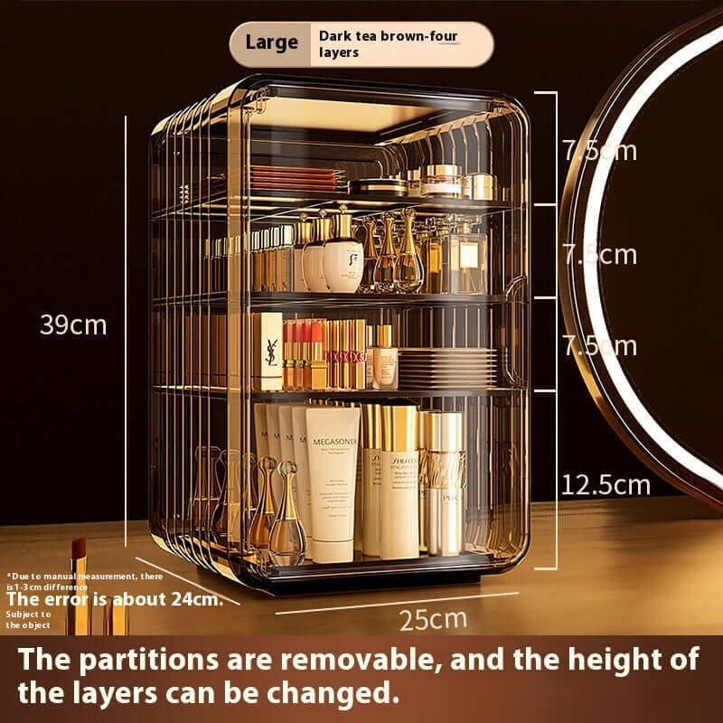 Dark tea brown four-layer cosmetic storage box with adjustable partitions for skincare products.