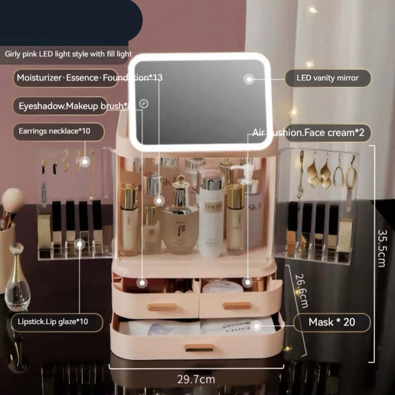 Girly pink LED cosmetic storage box with mirror, featuring space for makeup and accessories, dimensions labeled.