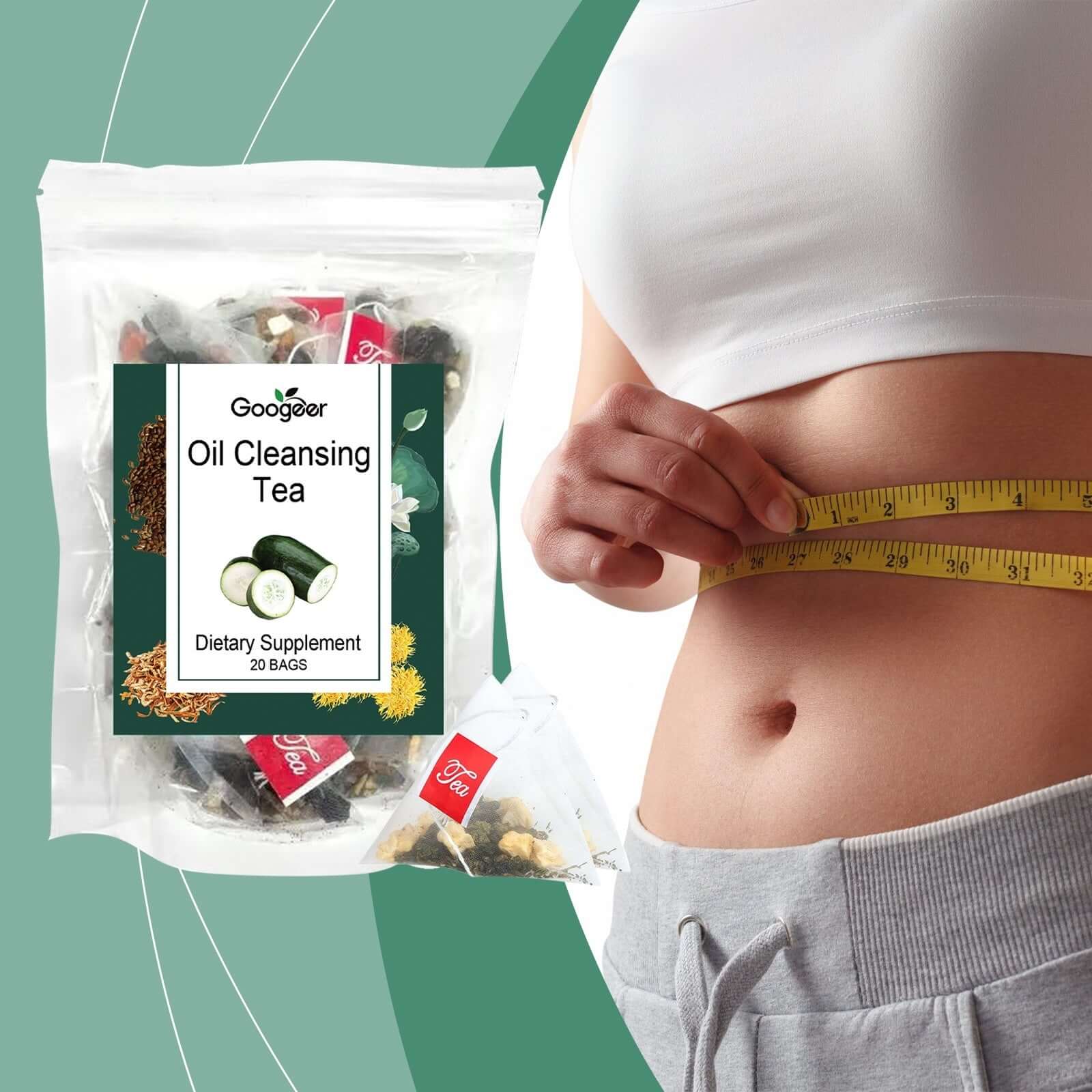 Googeer Oil Cleansing Tea pack with 20 bags, dietary supplement for detox and wellness, shown with measuring tape around waist.