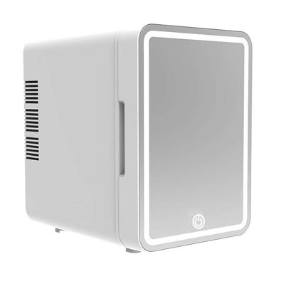 Mini beauty refrigerator with built-in LED lights and a sleek white mirror finish.