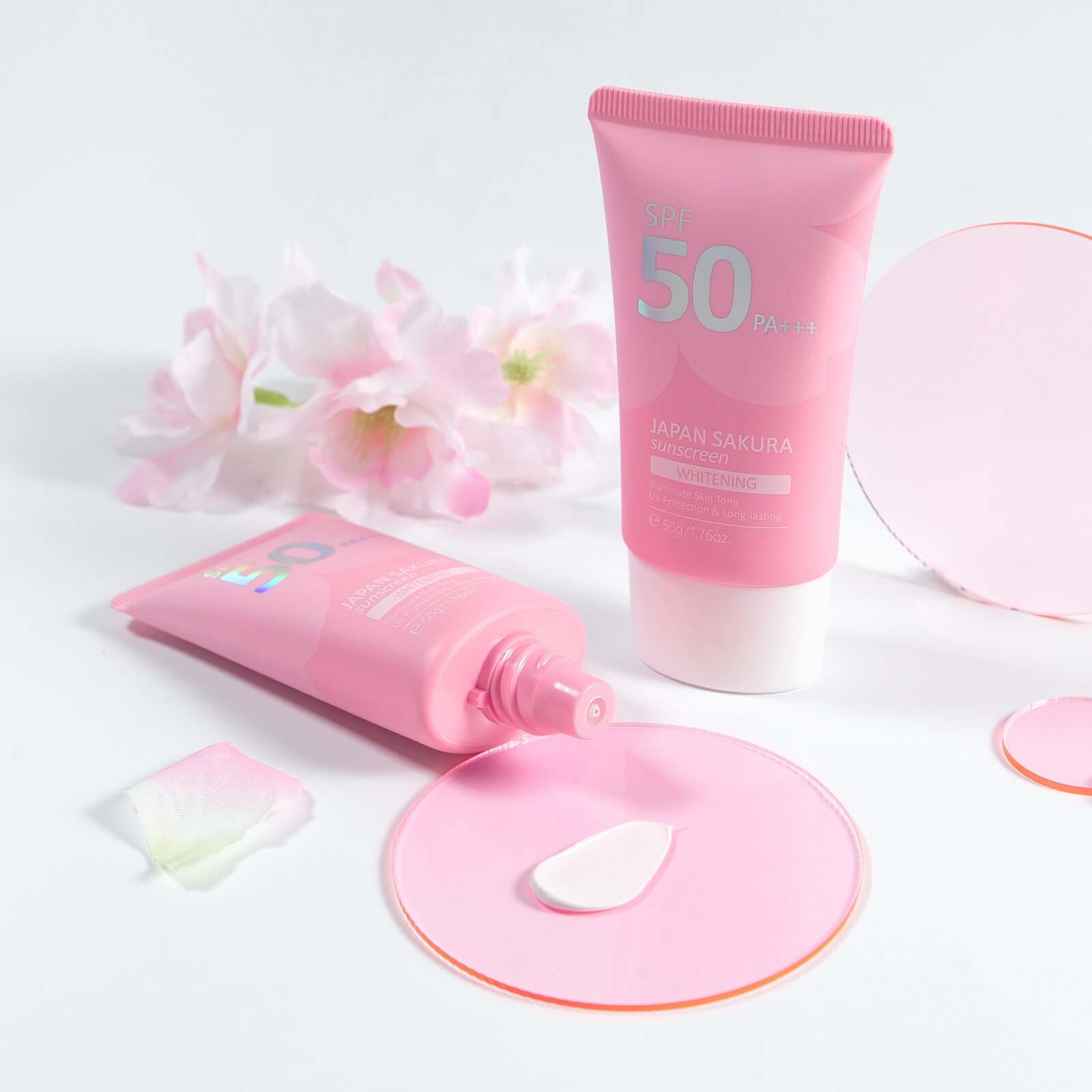 Brightening makeup primer and flower petals on a light background, SPF 50 for moisturized skin and protection.