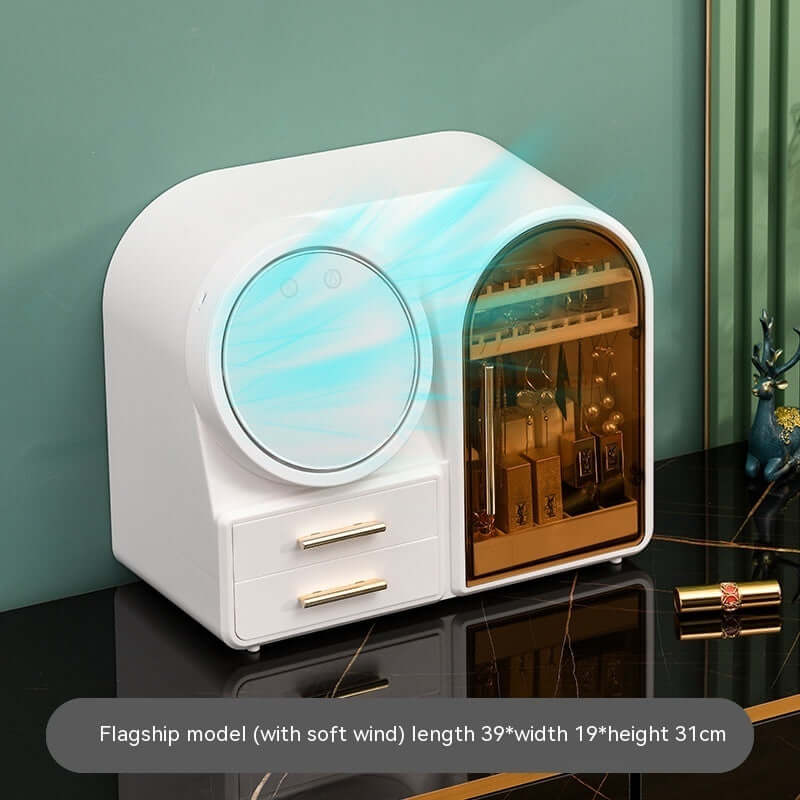 Flagship white lipstick storage rack with soft wind fan, dimensions 39x19x31 cm, perfect for organizing cosmetics.