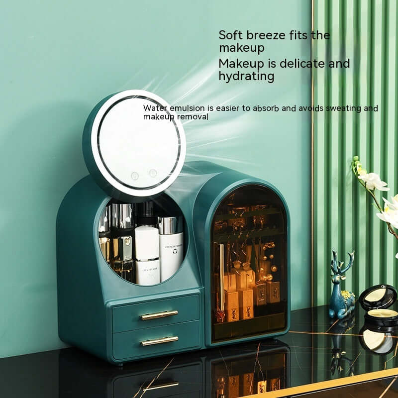 Stylish teal lipstick storage rack with LED mirror and moisturizing fan for cosmetics application.