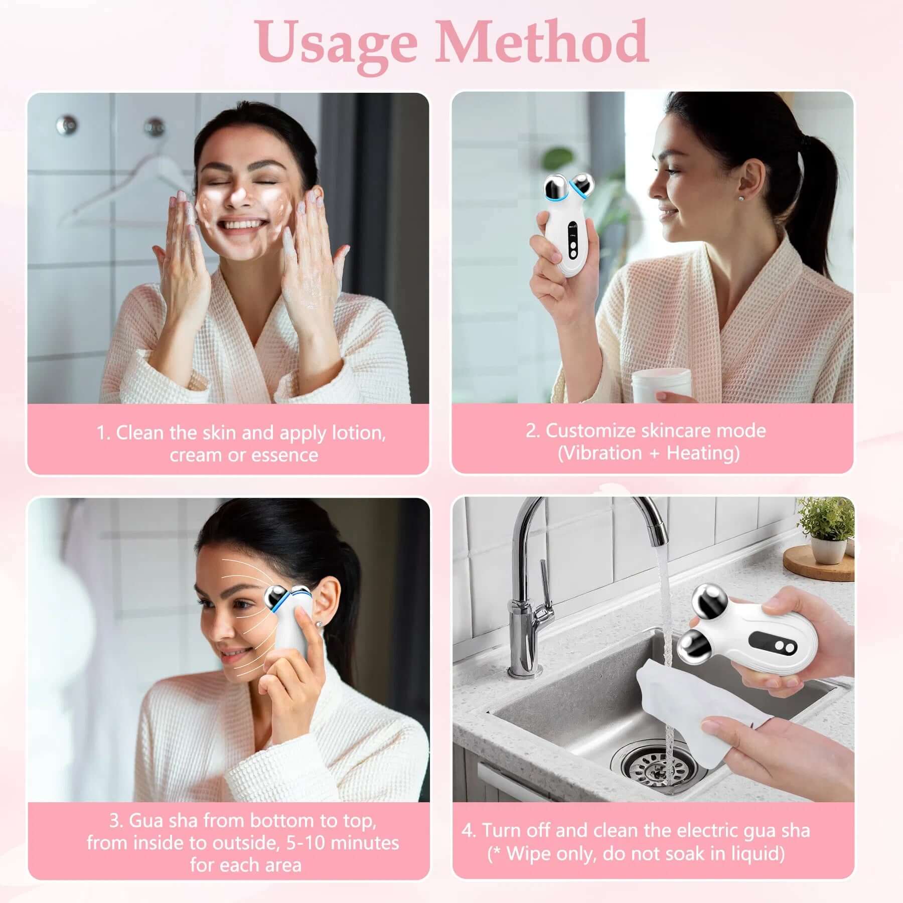 Step-by-step usage guide for a microcurrent facial device promoting skincare routines for anti-aging benefits.