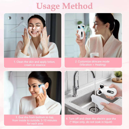 Step-by-step usage guide for a microcurrent facial device promoting skincare routines for anti-aging benefits.