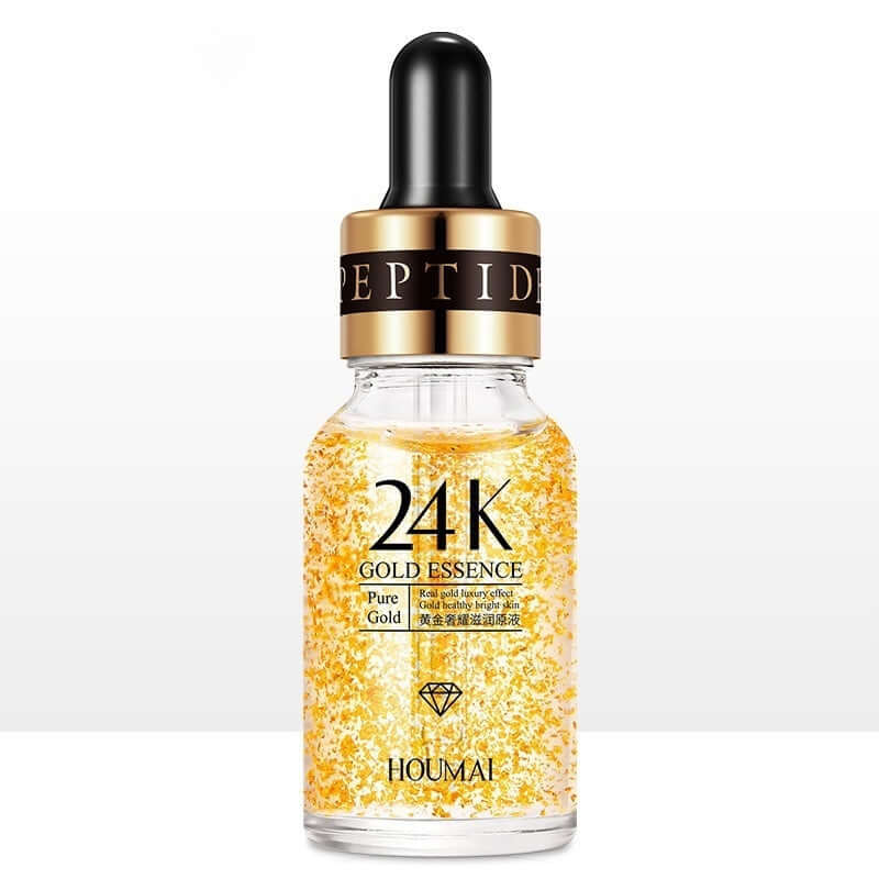 24K Gold Liquid Skin Rejuvenating Essence in a clear dropper bottle for hydration and skin rejuvenation.