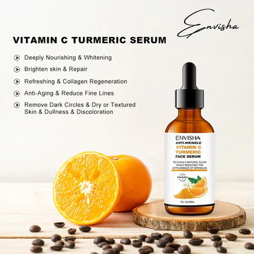 Vitamin C Turmeric Serum for anti-aging, skin whitening, and pore shrinking in Korean skincare, with nourishing and brightening properties.
