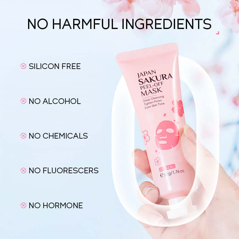 Japan Sakura Peel-Off Mask tube highlighting no harmful ingredients like silicon, alcohol, or chemicals.