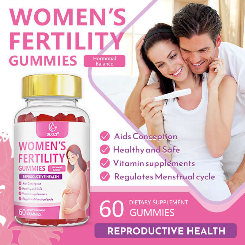 Women's Fertility Gummies bottle featuring a couple with highlights on health benefits like aiding conception and menstrual regulation.
