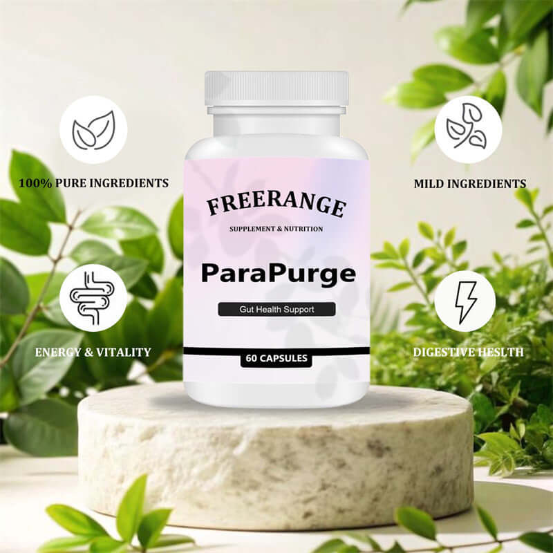 ParaPurge gut health support supplement bottle with 60 capsules, featuring pure and mild ingredients for energy and digestion.