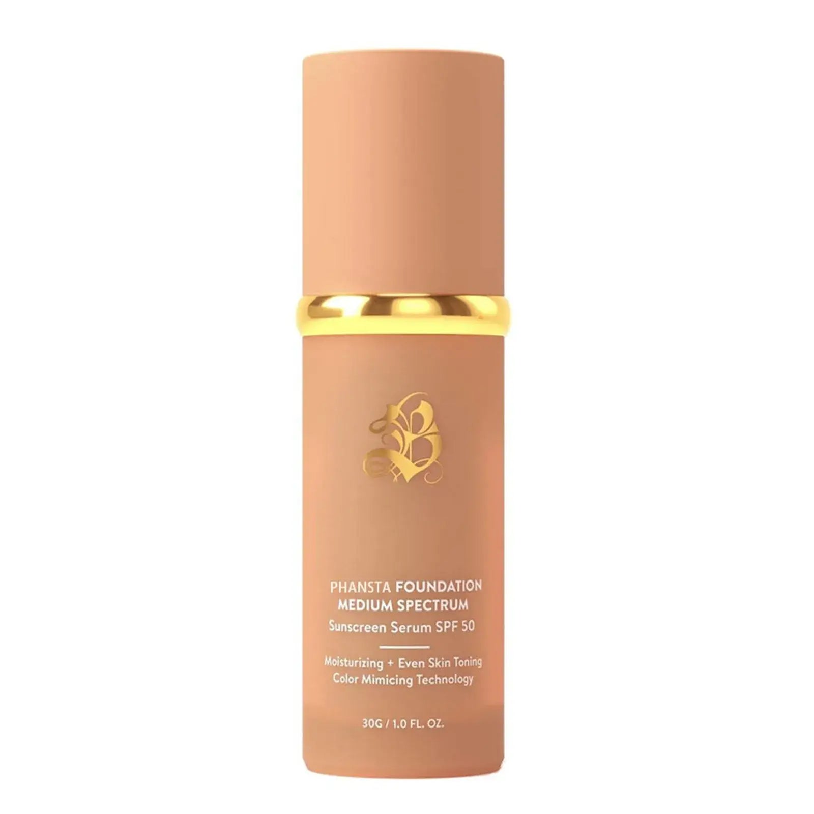 Phanista Foundation Medium Spectrum in a chic bottle with SPF 50, offering moisturizing and color-mimicking technology.
