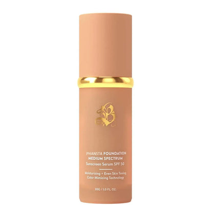 Phanista Foundation Medium Spectrum in a chic bottle with SPF 50, offering moisturizing and color-mimicking technology.