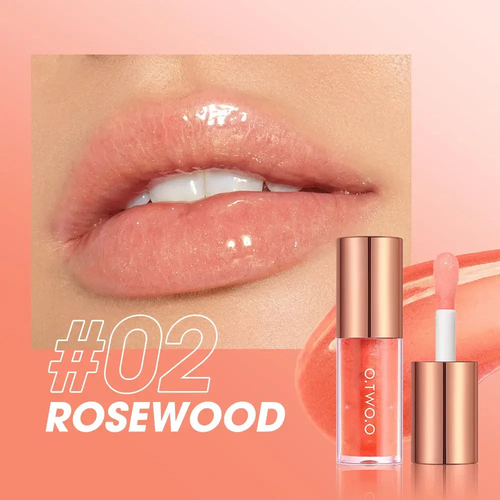O.TWO.O Lip Plumper Gloss in Rosewood shade, showcasing glossy lips and stylish packaging.