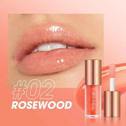 O.TWO.O Lip Plumper Gloss in Rosewood shade, showcasing glossy lips and stylish packaging.