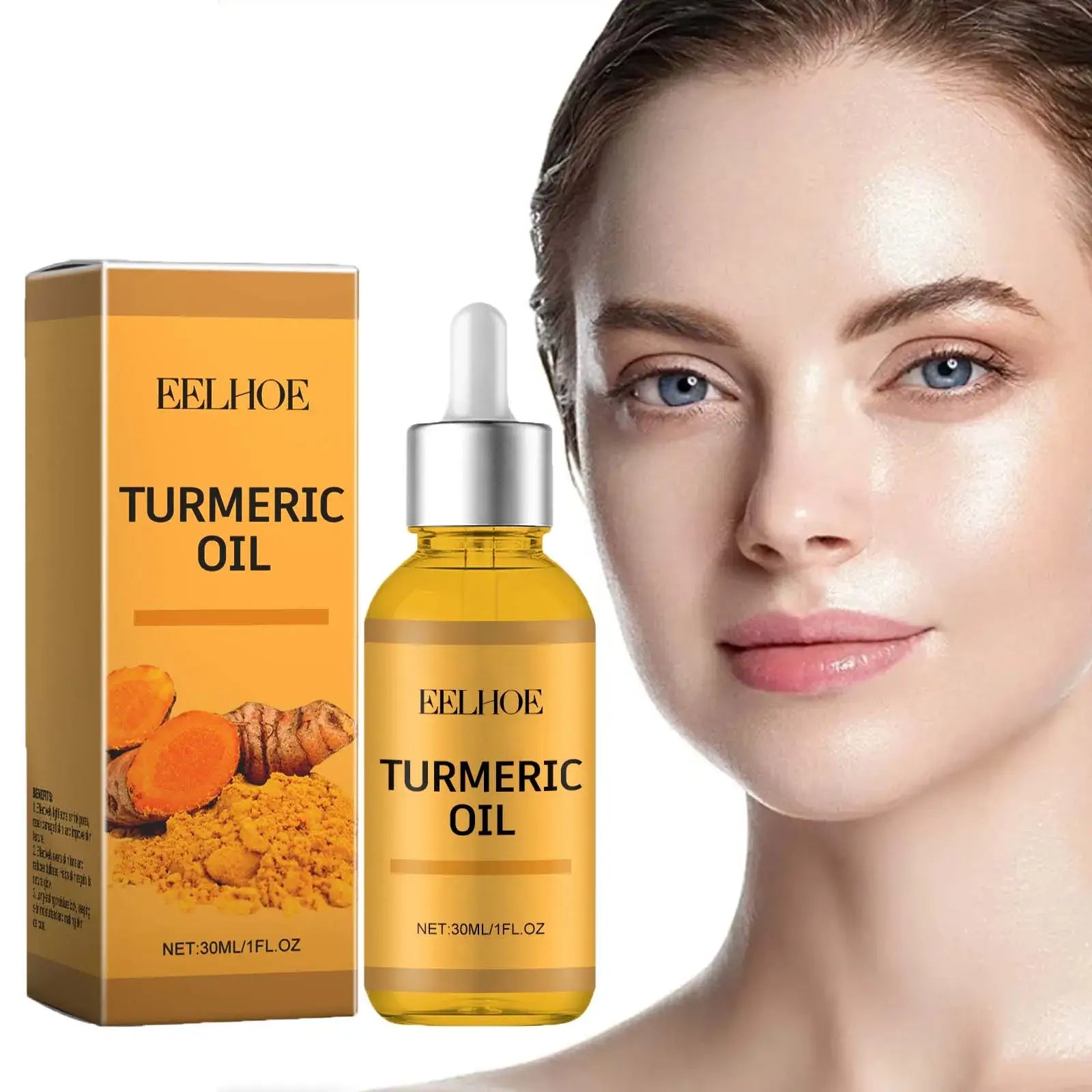 EELHOE Turmeric Oil with packaging, promoting skin moisturizing and brightening benefits for all skin types.