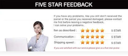 Five star feedback graphic showing customer service representative with positive ratings for item, communication, and shipping speed.